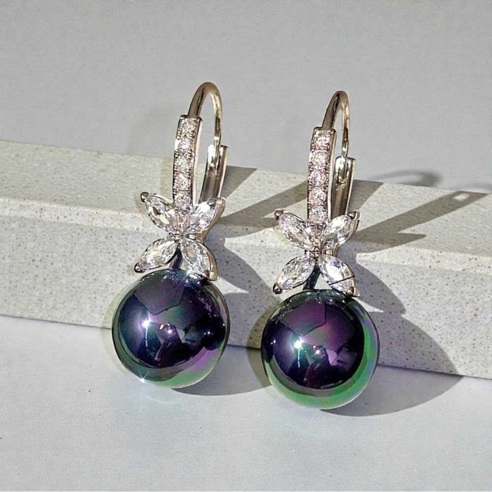 💜Gorgeous Tahitian Style Pearl &Cz Diamond Drop Earrings